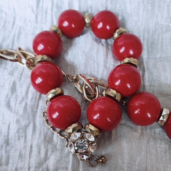 Stephan & Co Lipstick Red Acrylic Round Bead Bracelet and Necklace Rhinestones - Picture 8 of 10